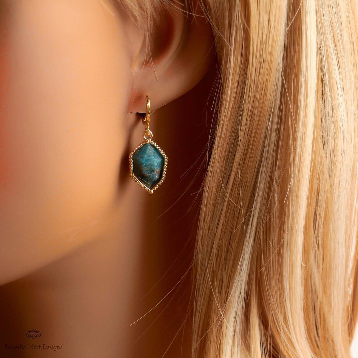 Blue Apatite Gold Hoop Earrings, Faceted Gemstone Earrings, Bold Dangle Earrings, Healing Stone Jewelry, Sensitive Ear & Clip-On Options