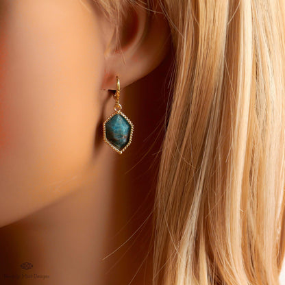 Blue Apatite Gold Hoop Earrings, Faceted Gemstone Earrings, Bold Dangle Earrings, Healing Stone Jewelry, Sensitive Ear & Clip-On Options