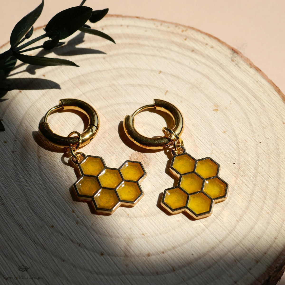 Honeycomb Earrings, Bee Earrings, Gold Huggie Hoop Earrings, Chunky Resin Earrings, Hexagon Dangle Earrings, Hook Earrings, Beekeeper Gift
