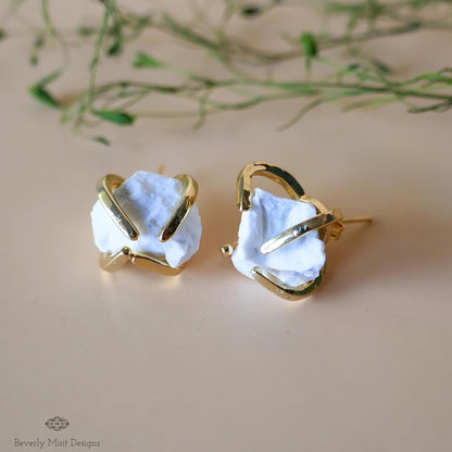 Black White Moonstone Stud Earrings with 18K Gold, White Stone Earrings, 1/2 -3/4 inches, Natural Raw Stone, Chakra Stones