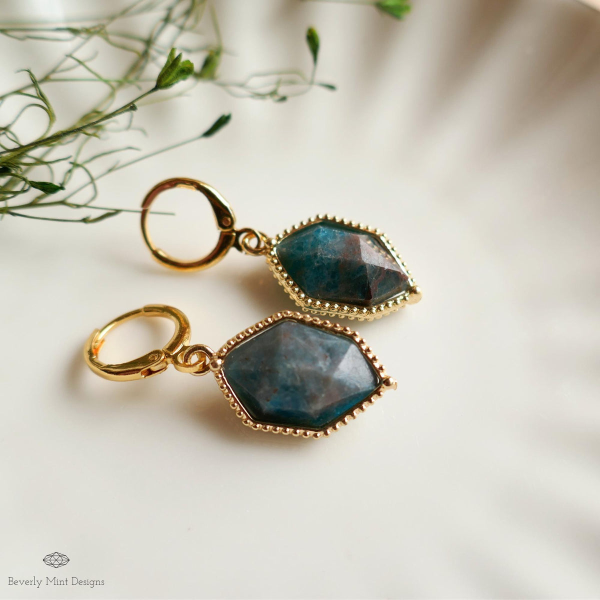 Blue Apatite Gold Hoop Earrings, Faceted Gemstone Earrings, Bold Dangle Earrings, Healing Stone Jewelry, Sensitive Ear & Clip-On Options