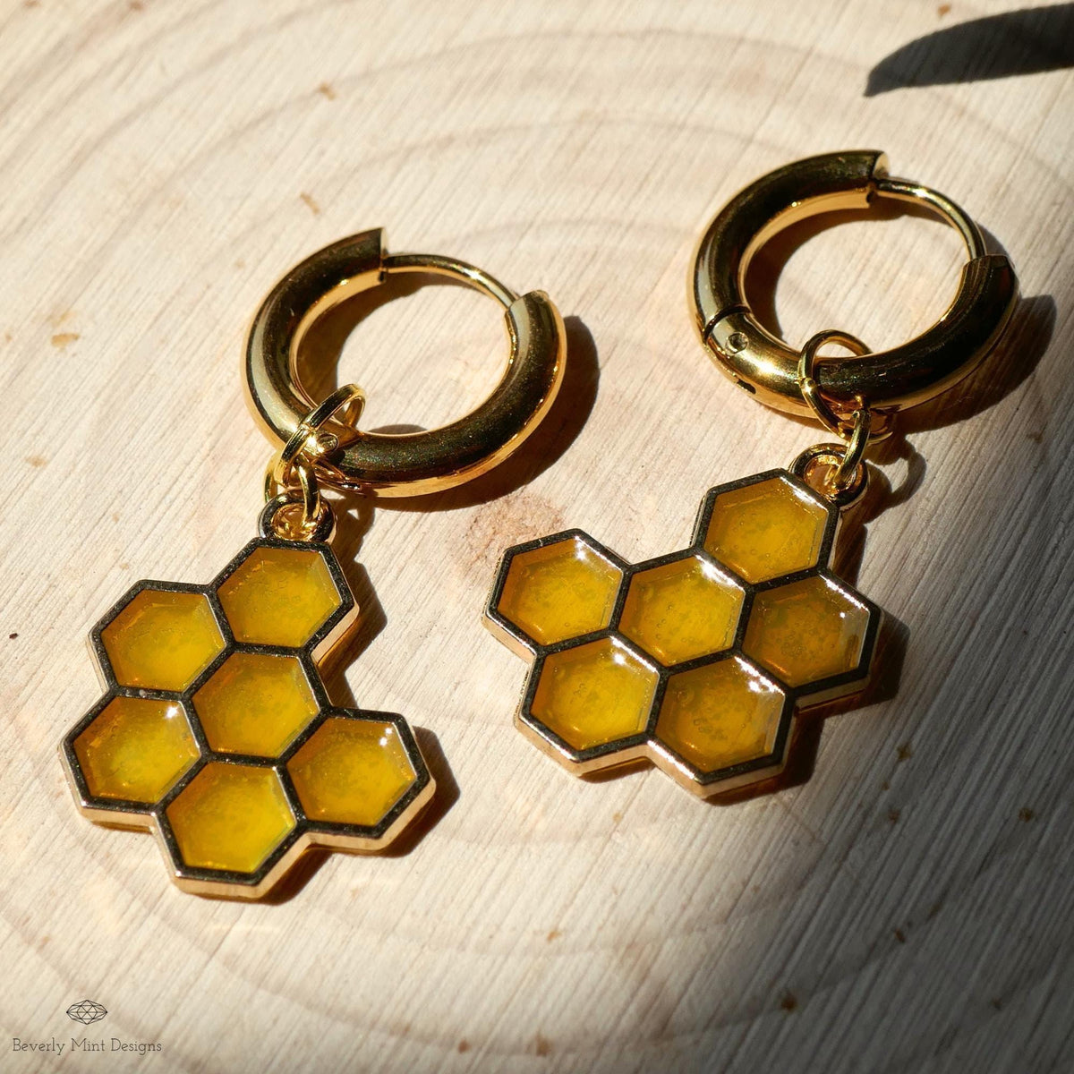 Honeycomb Earrings, Bee Earrings, Gold Huggie Hoop Earrings, Chunky Resin Earrings, Hexagon Dangle Earrings, Hook Earrings, Beekeeper Gift