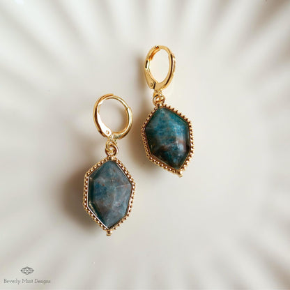 Blue Apatite Gold Hoop Earrings, Faceted Gemstone Earrings, Bold Dangle Earrings, Healing Stone Jewelry, Sensitive Ear & Clip-On Options