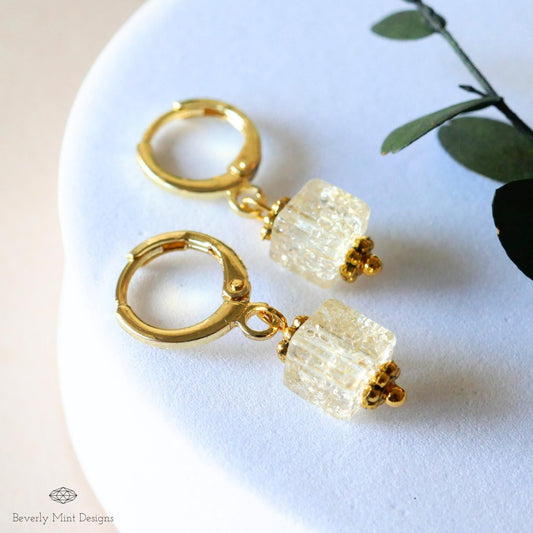 Gold Hoop Earrings, Beige Glass Bead Earrings, Minimalist Dangle Earrings, Lightweight Drop Earrings, Sensitive Ear & Clip-On Options