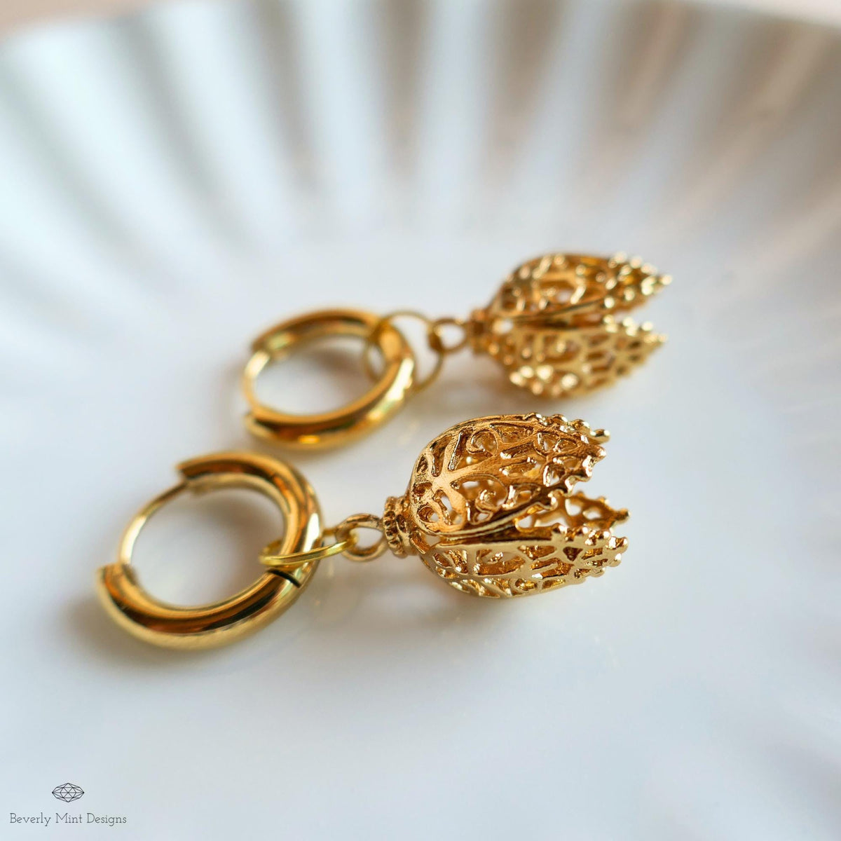 [Etsy 4445301666 image 3/7 id 7796714043] Gold Filigree Hoop Earrings, Tulip Drop Earrings, Gold Huggie earrings, Floral Dangle Earrings, Vintage Style Jewelry