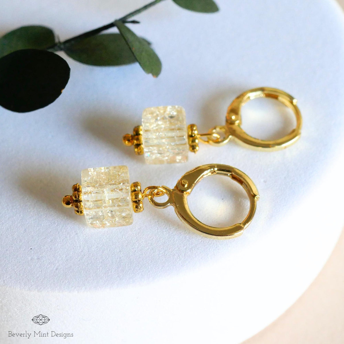 Gold Hoop Earrings, Beige Glass Bead Earrings, Minimalist Dangle Earrings, Lightweight Drop Earrings, Sensitive Ear & Clip-On Options