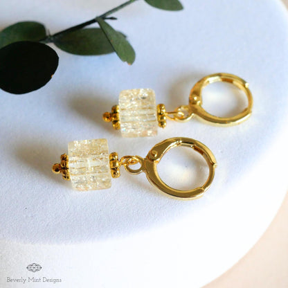 Gold Hoop Earrings, Beige Glass Bead Earrings, Minimalist Dangle Earrings, Lightweight Drop Earrings, Sensitive Ear & Clip-On Options