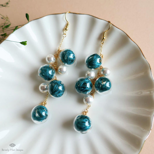 Bubble Earrings , Dangle Glass Beaded Earrings with Pearls, Gold Chain Lightweight Fairycore Jewelry, Sensitive Ear & Clip-On Options