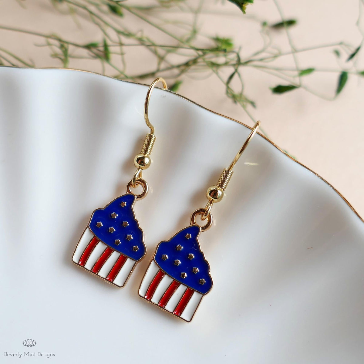 Patriotic Cupcake Earrings, Red White Blue Dangle Jewelry, USA 4th of July Food Earrings, Sensitive Ear & Clip-On Options