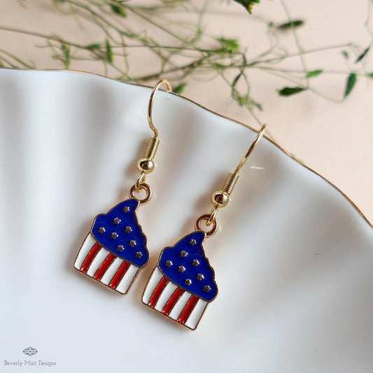 Patriotic Cupcake Earrings, Red White Blue Dangle Jewelry, USA 4th of July Food Earrings, Sensitive Ear & Clip-On Options