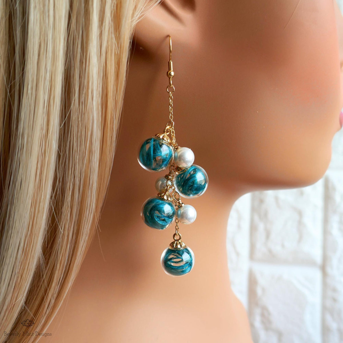 Bubble Earrings , Dangle Glass Beaded Earrings with Pearls, Gold Chain Lightweight Fairycore Jewelry, Sensitive Ear & Clip-On Options