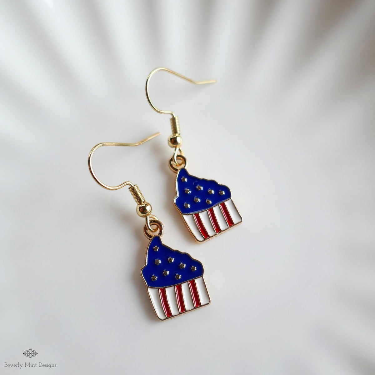 Patriotic Cupcake Earrings, Red White Blue Dangle Jewelry, USA 4th of July Food Earrings, Sensitive Ear & Clip-On Options