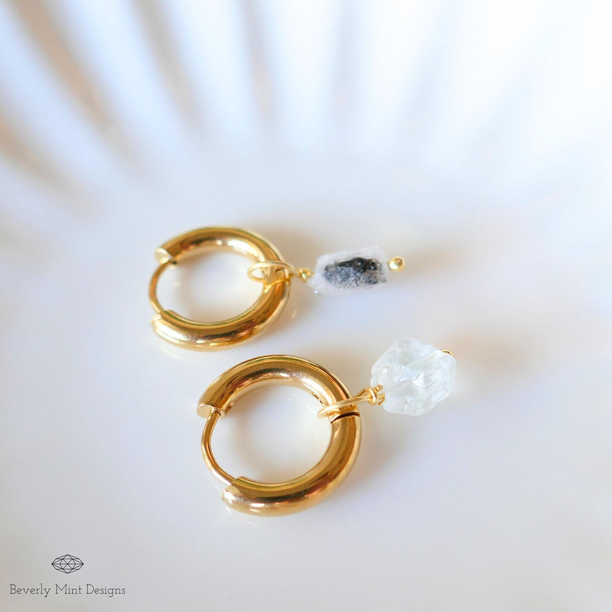 Raw Herkimer Diamond Huggie Hoop Earrings, 18K Gold Plated, April Birthstone