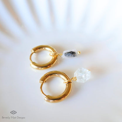 Raw Herkimer Diamond Huggie Hoop Earrings, 18K Gold Plated, April Birthstone