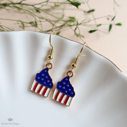 Patriotic Cupcake Earrings, Red White Blue Dangle Jewelry, USA 4th of July Food Earrings, Sensitive Ear & Clip-On Options