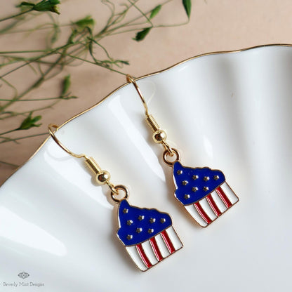 Patriotic Cupcake Earrings, Red White Blue Dangle Jewelry, USA 4th of July Food Earrings, Sensitive Ear & Clip-On Options