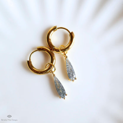 Teardrop Sparkle Gold Hoop Earrings, Gray Pastel Dangle Earrings Gold Drop Earrings