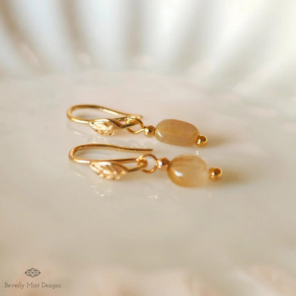 Gold Leaf and Mini Stone Earrings, Minimalist Leaf Earrings, Delicate Nature-Inspired Jewelry, Lightweight Boho Earrings