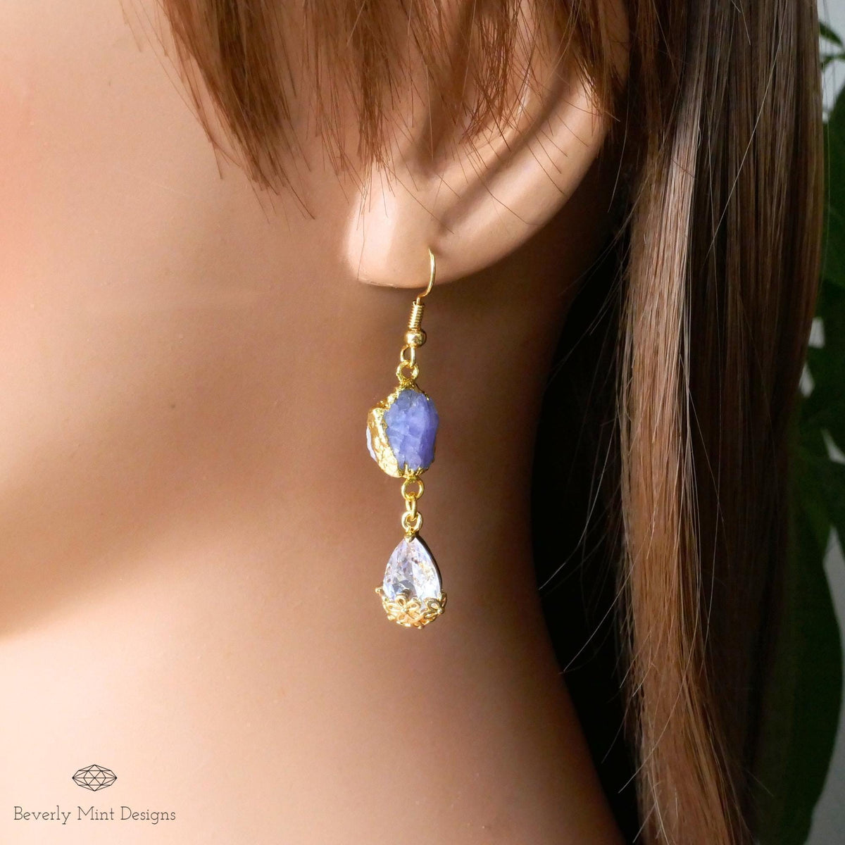 Tanzanite Raw Stone Earrings with CZ, 18K Gold Birthstone Jewelry, Raw Stone Earrings,Blue Earrings, Sensitive Ear & Clip-On Options