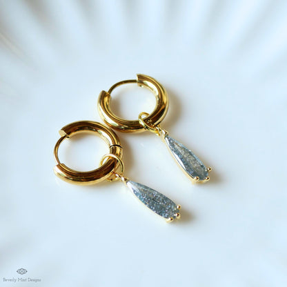 Teardrop Sparkle Gold Hoop Earrings, Gray Pastel Dangle Earrings Gold Drop Earrings