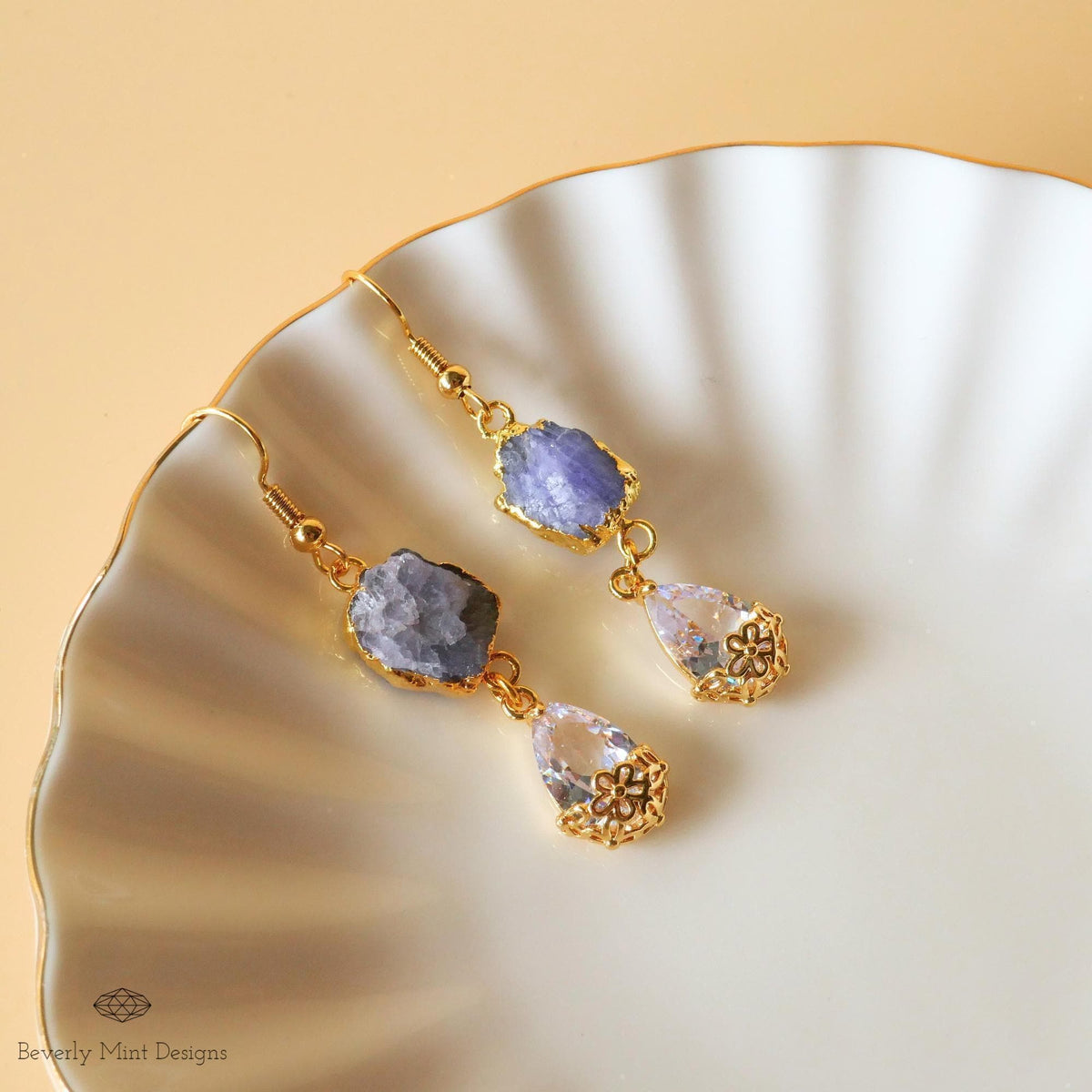 Tanzanite Raw Stone Earrings with CZ, 18K Gold Birthstone Jewelry, Raw Stone Earrings,Blue Earrings, Sensitive Ear & Clip-On Options