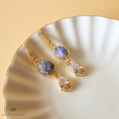 Tanzanite Raw Stone Earrings with CZ, 18K Gold Birthstone Jewelry, Raw Stone Earrings,Blue Earrings, Sensitive Ear & Clip-On Options