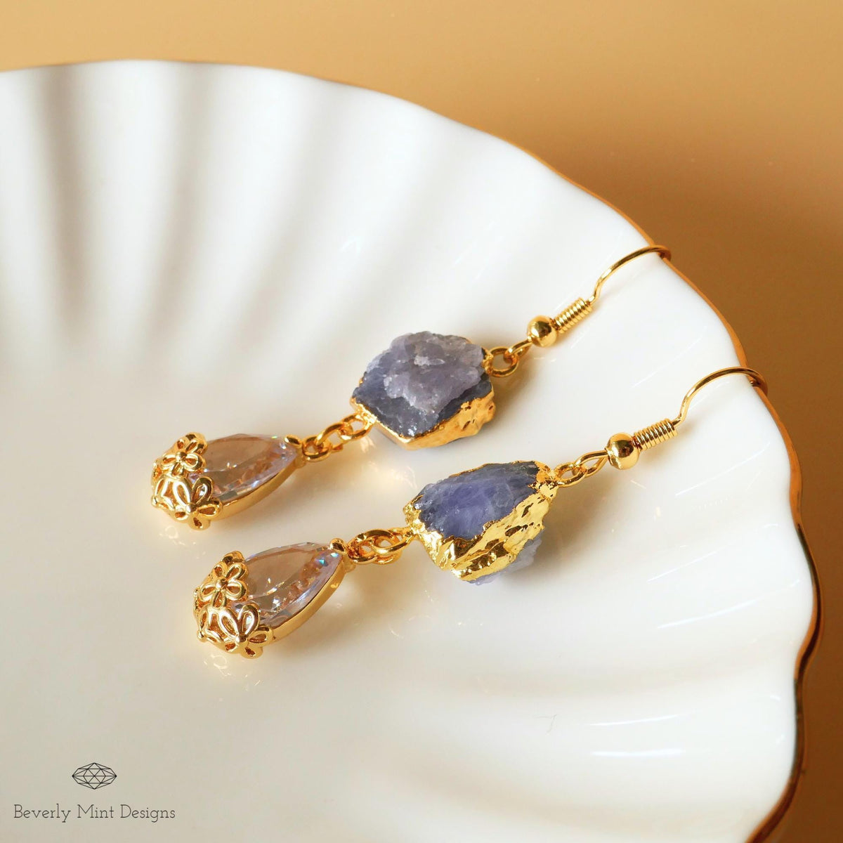 Tanzanite Raw Stone Earrings with CZ, 18K Gold Birthstone Jewelry, Raw Stone Earrings,Blue Earrings, Sensitive Ear & Clip-On Options