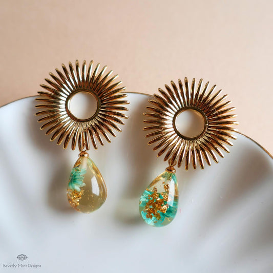 Gold Sunburst Resin Drop Earrings with Flowers and Gold Flakes, Statement Earrings, Boho Jewelry,