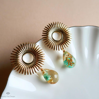 Gold Sunburst Resin Drop Earrings with Flowers and Gold Flakes, Statement Earrings, Boho Jewelry,