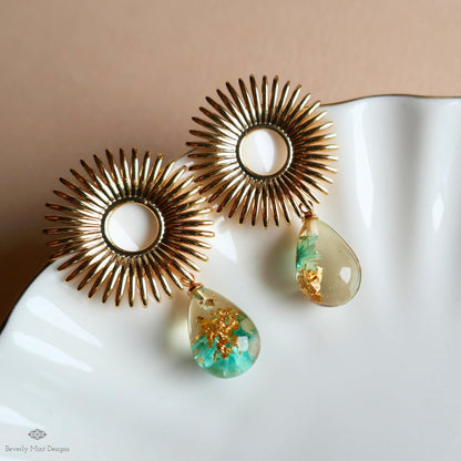 Gold Sunburst Resin Drop Earrings with Flowers and Gold Flakes, Statement Earrings, Boho Jewelry,