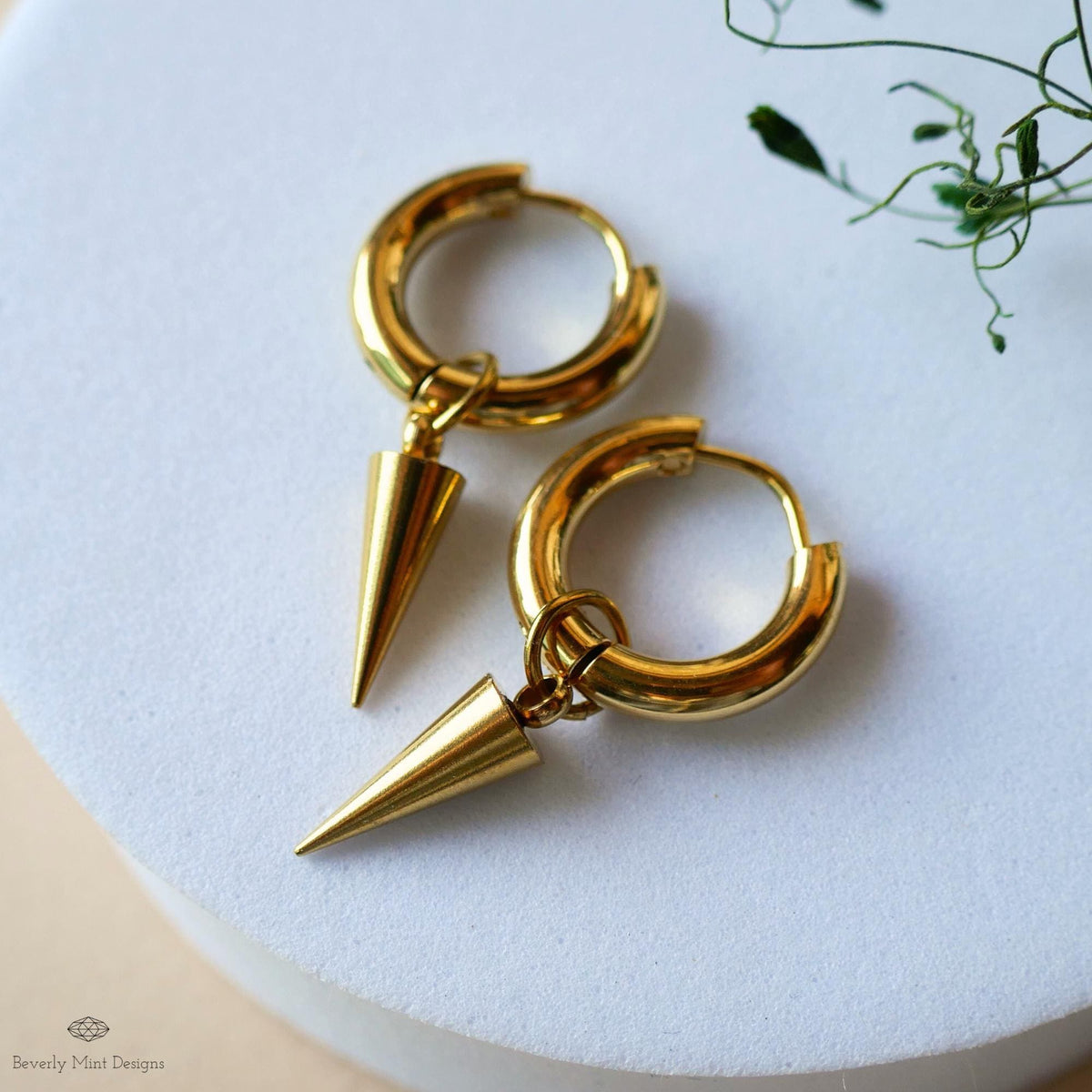 Gold Hoop Spike Earrings, Cone Huggie Earrings, Minimalist Earrings, Edgy Gold Jewelry, Modern Earrings