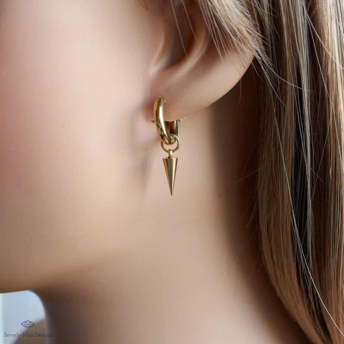 Gold Hoop Spike Earrings, Cone Huggie Earrings, Minimalist Earrings, Edgy Gold Jewelry, Modern Earrings