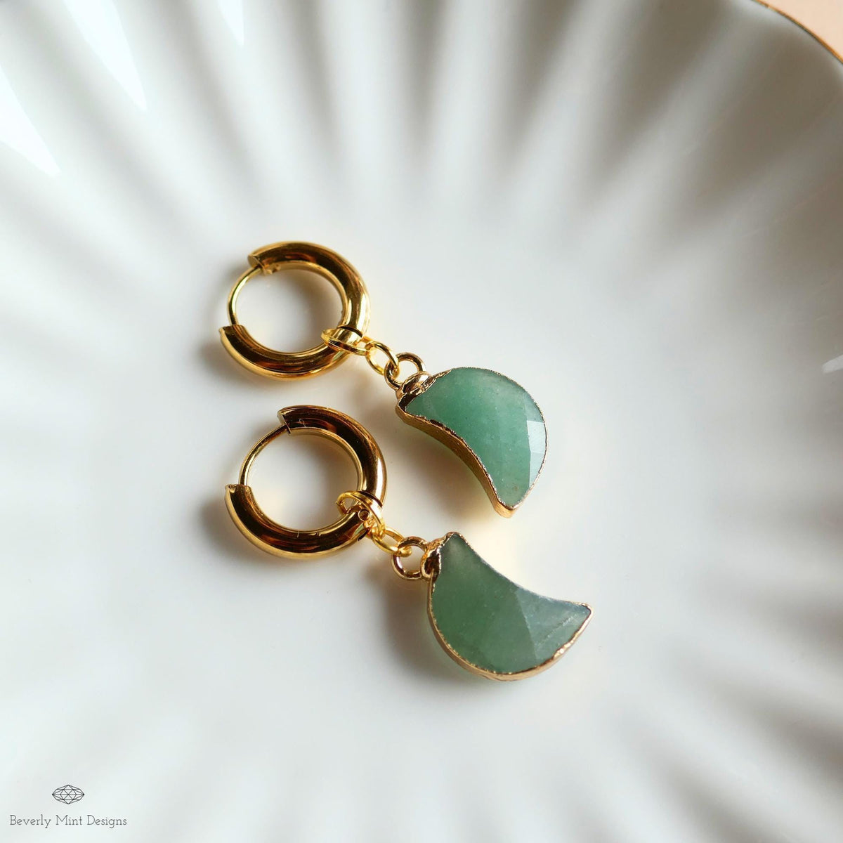 Green Aventurine Moon Earrings, Gold Huggie Hoop Earrings, Crystal Crescent Dangle Earrings, Minimalist Celestial Jewelry, Natural Stone