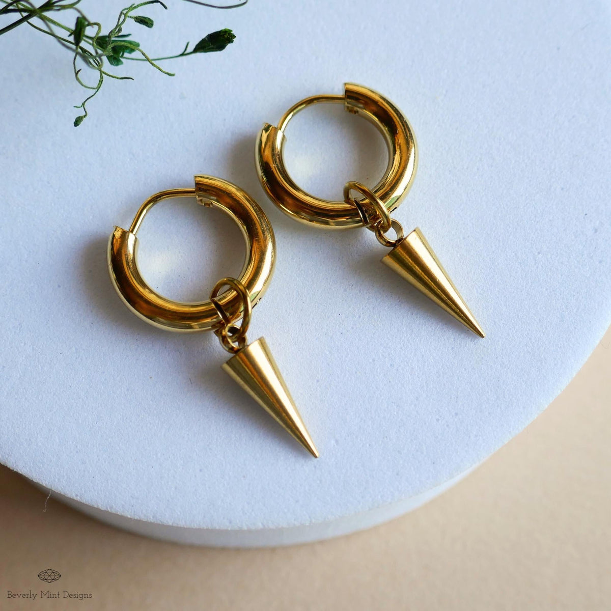Gold Hoop Spike Earrings, Cone Huggie Earrings, Minimalist Earrings, Edgy Gold Jewelry, Modern Earrings