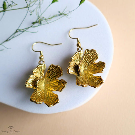 Gold Hibiscus Earrings, Tropical Flower Earrings with Heft, Bold Summer Statement Jewelry, Sensitive Ear & Clip-On Options