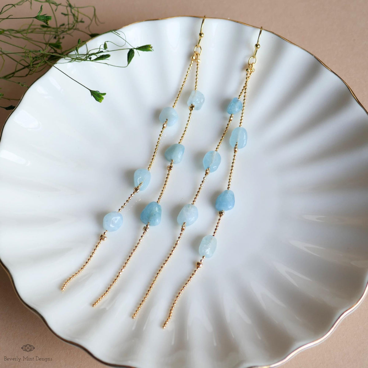 Aquamarine Dangle Earrings Long Gold Chain Earrings Natural Stone Drop Earrings Light Blue Jewelry, Sensitive Ear & Clip-On Options