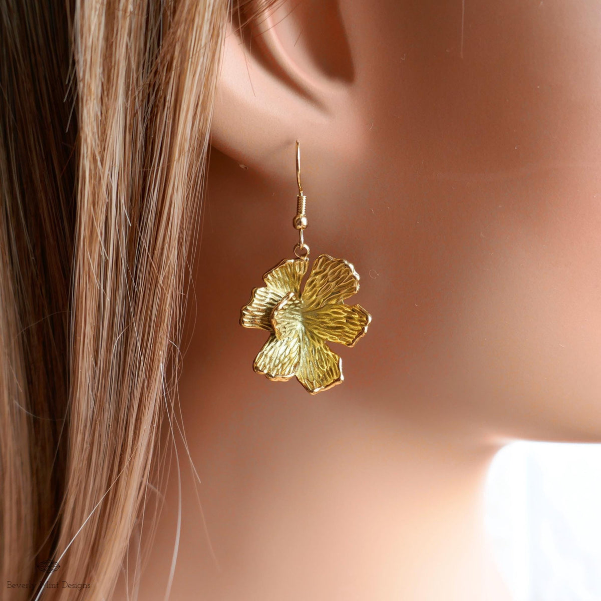 Gold Hibiscus Earrings, Tropical Flower Earrings with Heft, Bold Summer Statement Jewelry, Sensitive Ear & Clip-On Options
