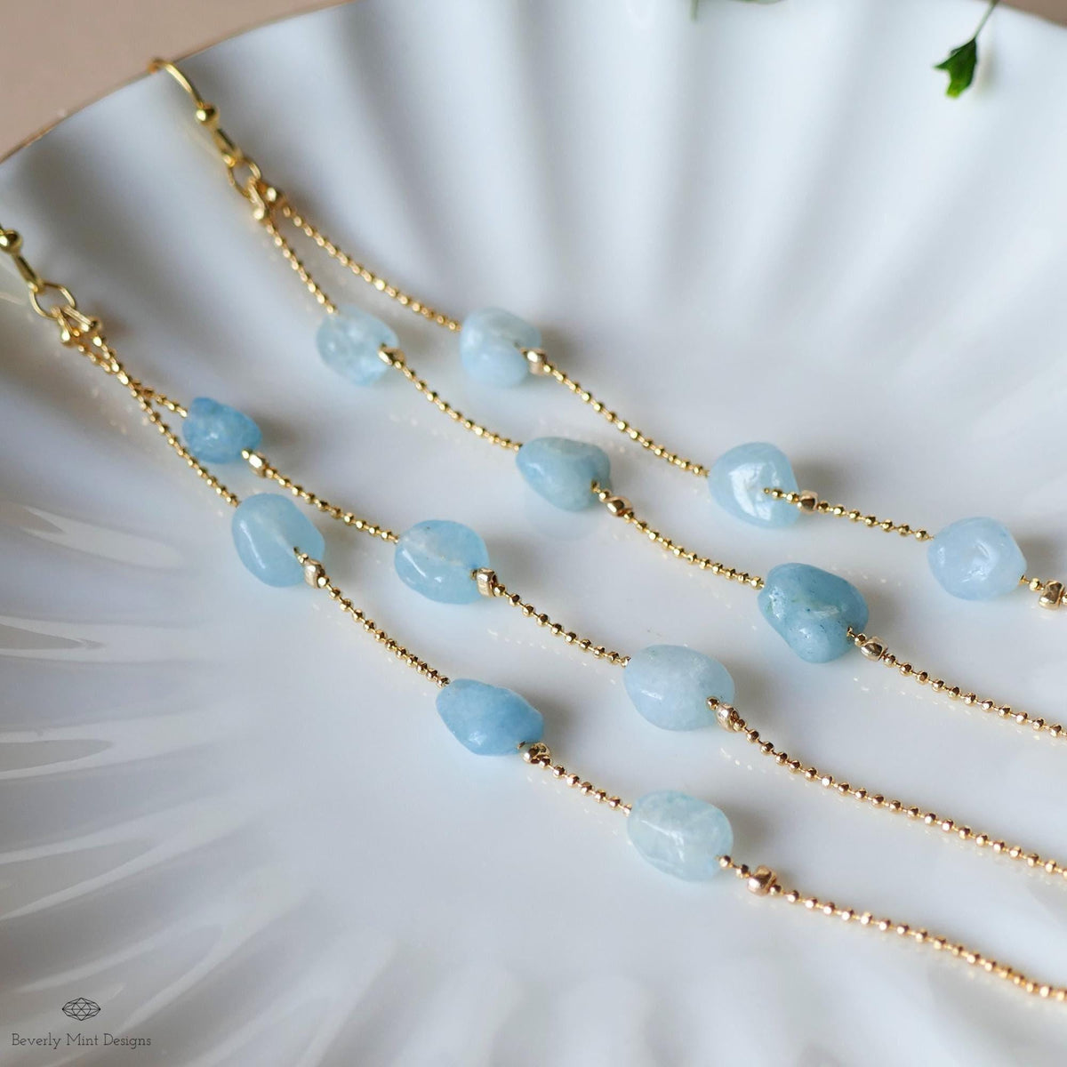 Aquamarine Dangle Earrings Long Gold Chain Earrings Natural Stone Drop Earrings Light Blue Jewelry, Sensitive Ear & Clip-On Options