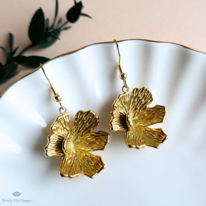 Gold Hibiscus Earrings, Tropical Flower Earrings with Heft, Bold Summer Statement Jewelry, Sensitive Ear & Clip-On Options