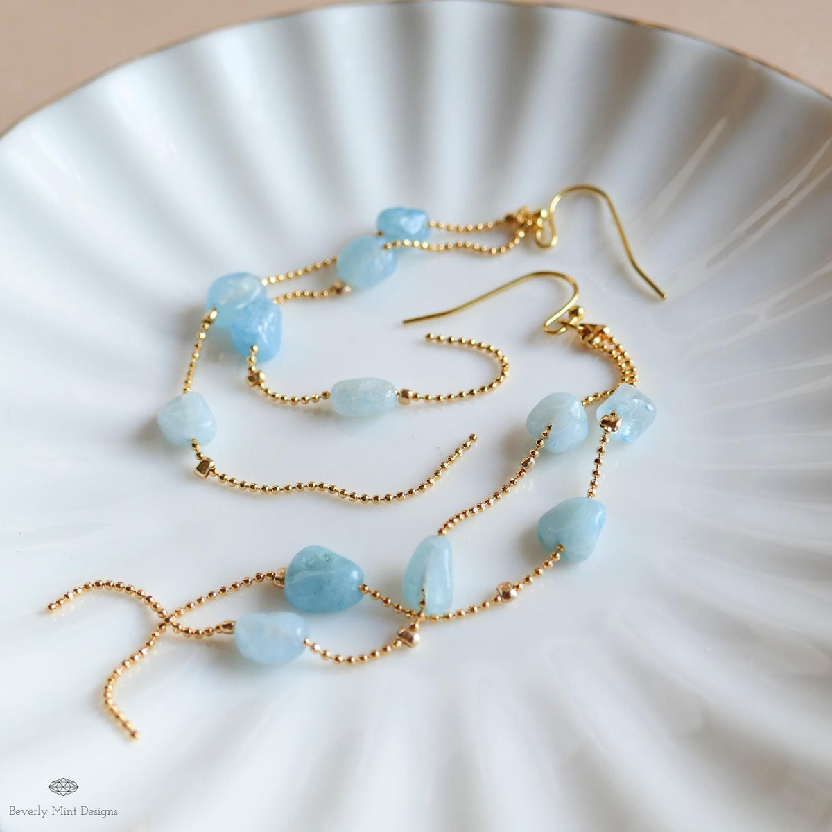 Aquamarine Dangle Earrings Long Gold Chain Earrings Natural Stone Drop Earrings Light Blue Jewelry, Sensitive Ear & Clip-On Options