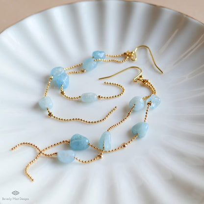 Aquamarine Dangle Earrings Long Gold Chain Earrings Natural Stone Drop Earrings Light Blue Jewelry, Sensitive Ear & Clip-On Options