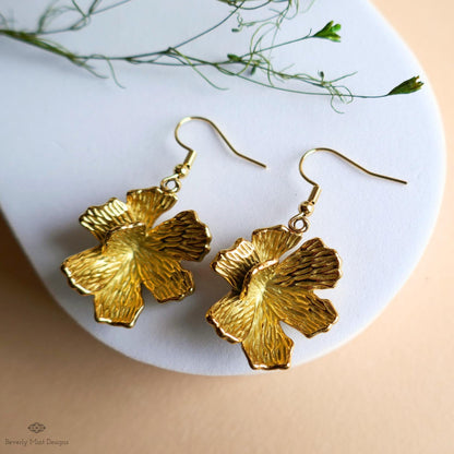 Gold Hibiscus Earrings, Tropical Flower Earrings with Heft, Bold Summer Statement Jewelry, Sensitive Ear & Clip-On Options