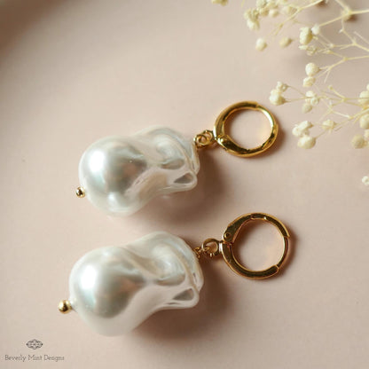 Baroque Pearl Hoop Earrings, Large Pearl Earrings, Gold Statement Earrings, Modern Pearl Jewelry, Sensitive Ear & Clip-On Options
