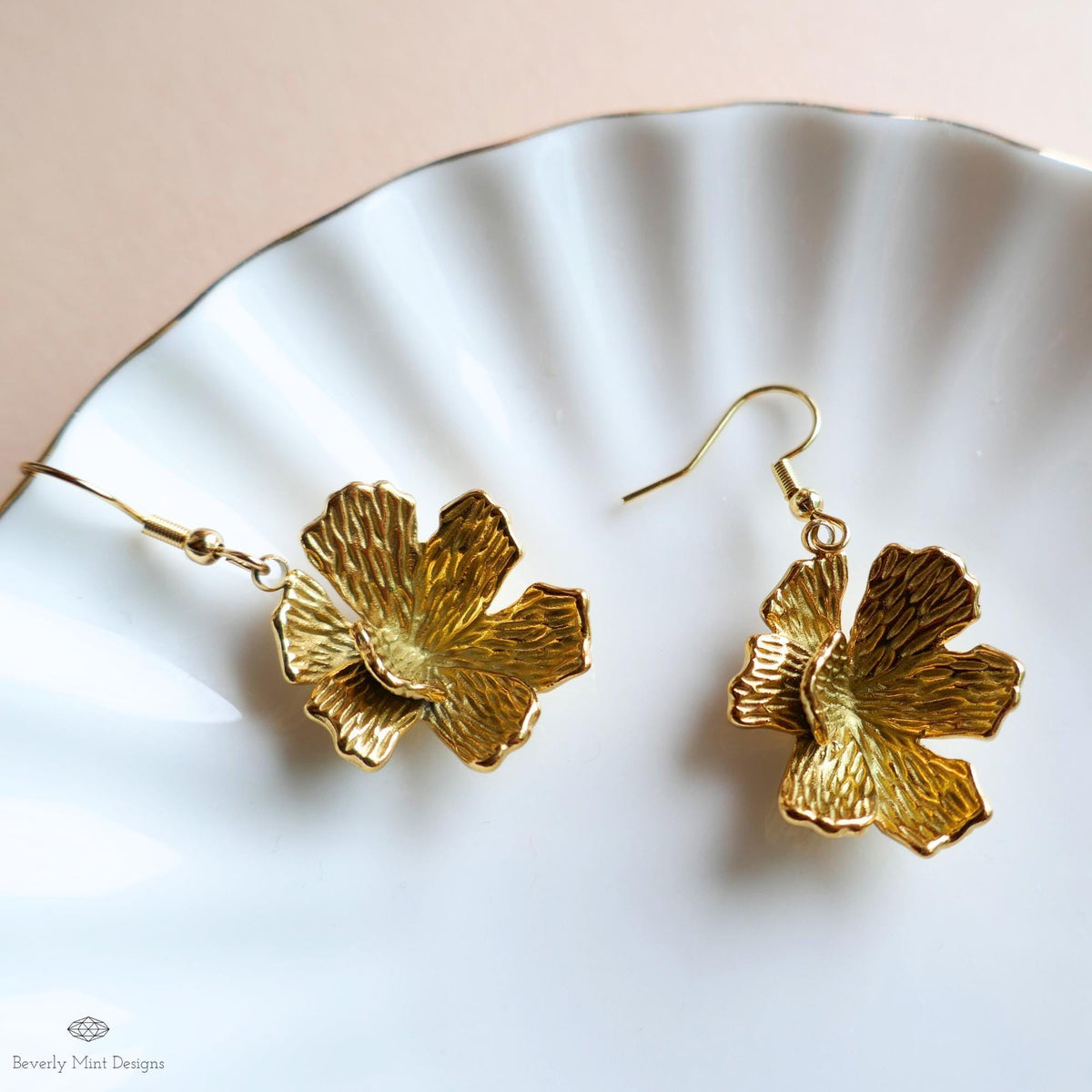 Gold Hibiscus Earrings, Tropical Flower Earrings with Heft, Bold Summer Statement Jewelry, Sensitive Ear & Clip-On Options