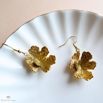 Gold Hibiscus Earrings, Tropical Flower Earrings with Heft, Bold Summer Statement Jewelry, Sensitive Ear & Clip-On Options
