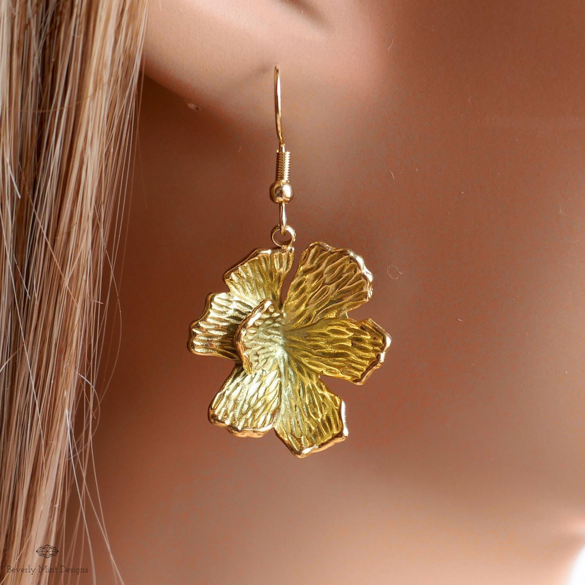 Gold Hibiscus Earrings, Tropical Flower Earrings with Heft, Bold Summer Statement Jewelry, Sensitive Ear & Clip-On Options