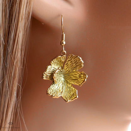 Gold Hibiscus Earrings, Tropical Flower Earrings with Heft, Bold Summer Statement Jewelry, Sensitive Ear & Clip-On Options