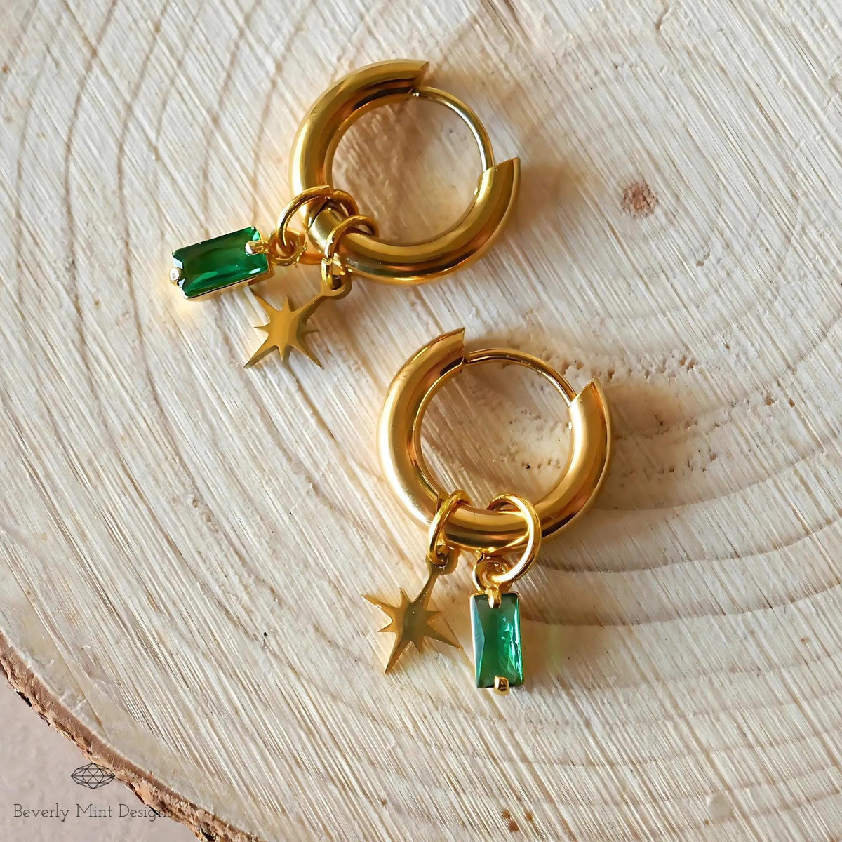 Gold Hoop Earrings with Green Gem and Starburst, Celestial Dangle Earrings, Minimalist Modern Jewelry, Chunky Huggie Hoops