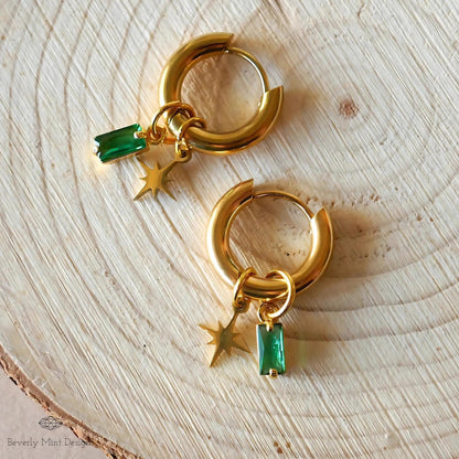 Gold Hoop Earrings with Green Gem and Starburst, Celestial Dangle Earrings, Minimalist Modern Jewelry, Chunky Huggie Hoops