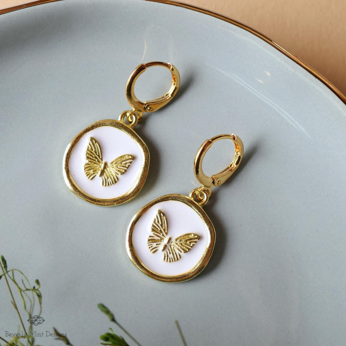 Butterfly Enamel Charm Earrings, White and Gold Dangle Earrings, Handmade Vintage Butterfly Jewelry, Sensitive Ear & Clip-On Options